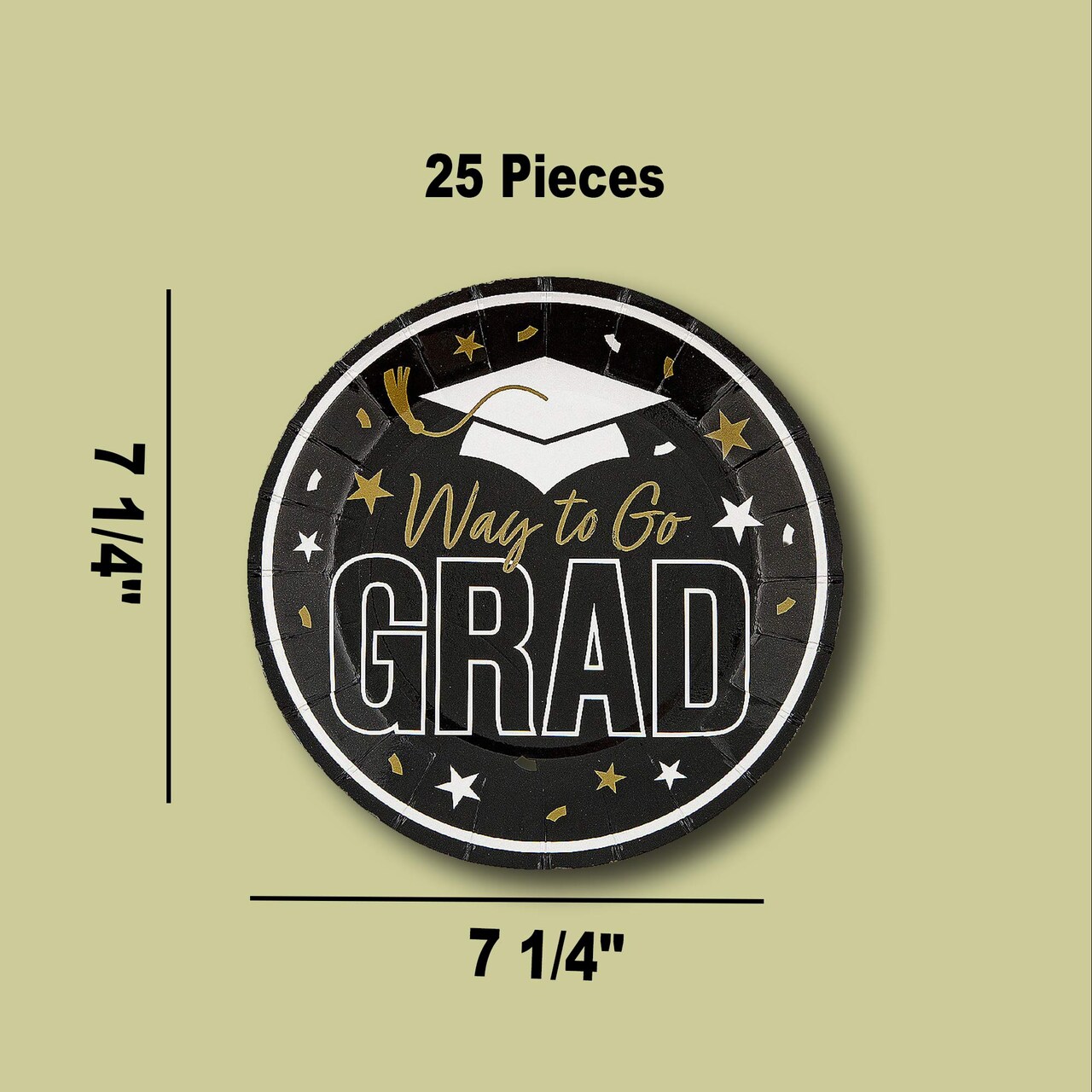 25 Count Black Graduation Dessert Plates Disposable Paper Party Supplies 7 1/4"